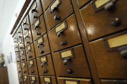 A wooden card catalog.